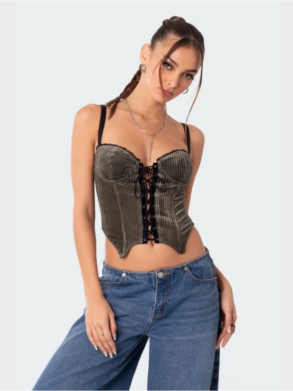 NWOT Edikted Lacey Cupped Velvet Corset Olive Green